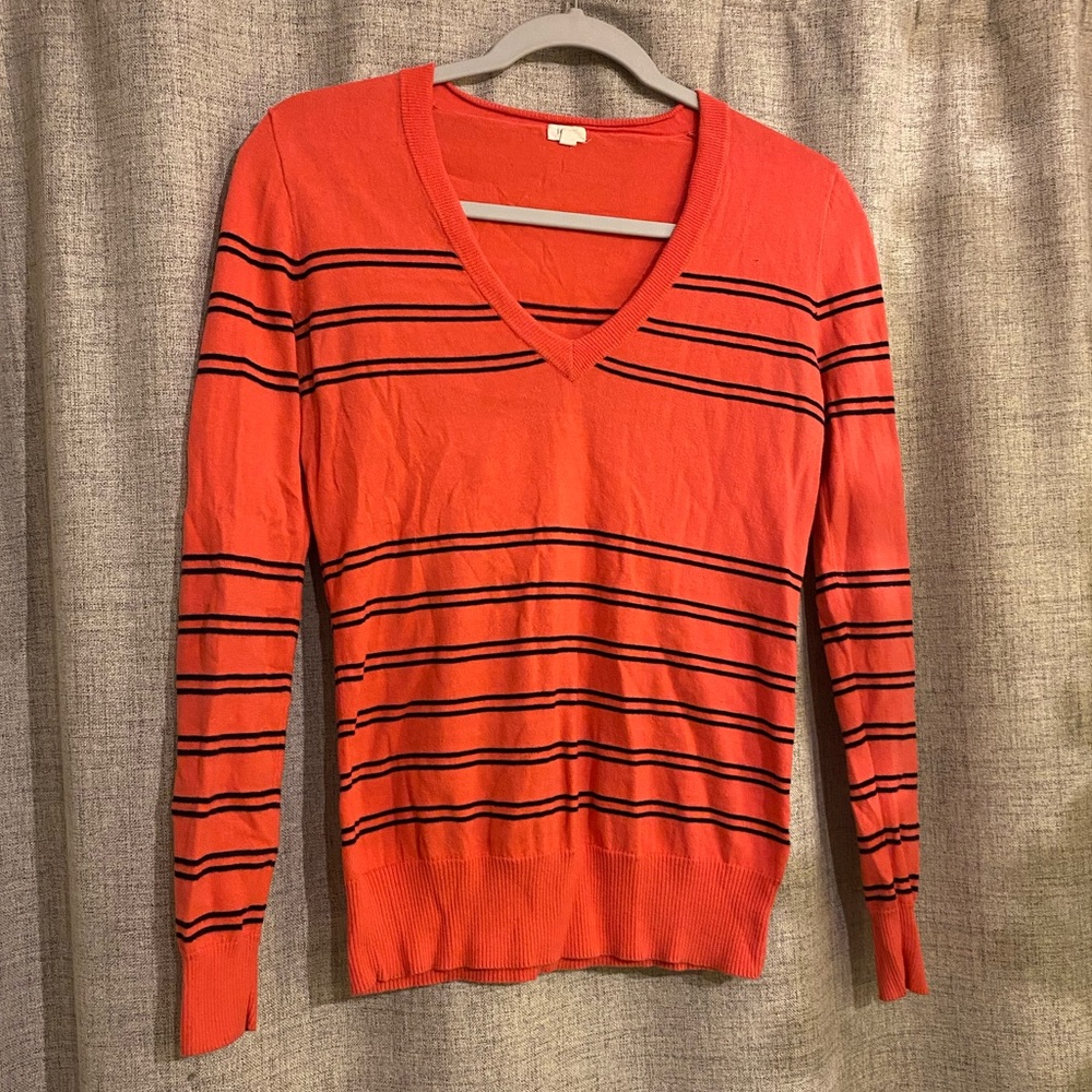 J. Crew V-Neck Sweater- Bright Coral and Navy Blue